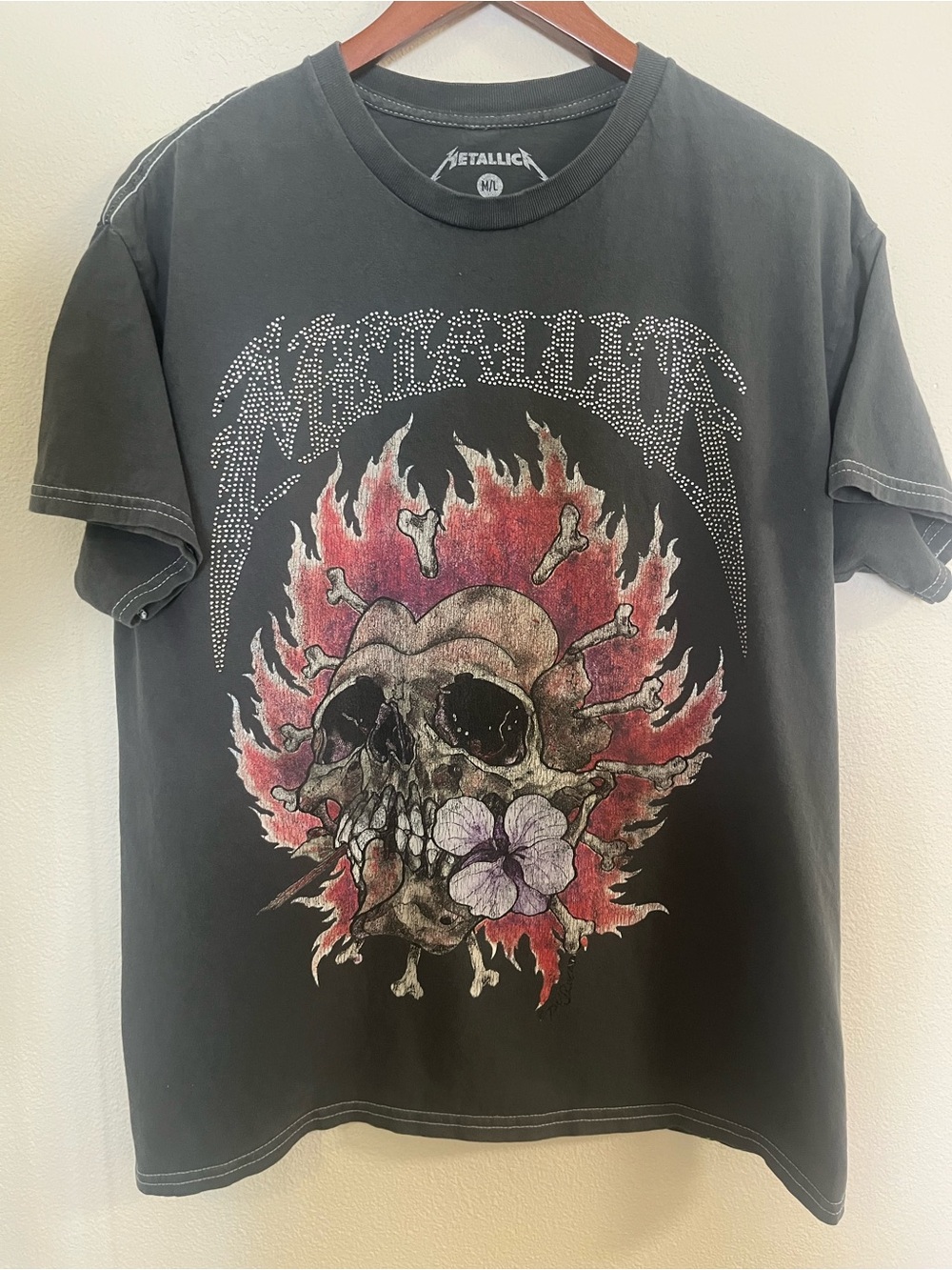 Metallica Rhinestone Logo Black Short-Sleeve Graphic Tee with Red Flame Skull